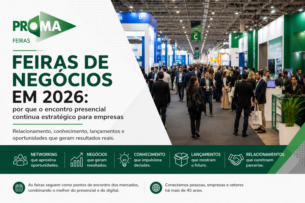 Feiras de negócios em 2026 com profissionais, networking e oportunidades empresariais.
